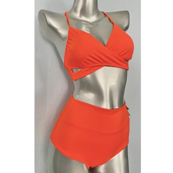 PINK Victorias Secret Swim Suit Set Orange Wrap Top & High Waist Bikini Bottom S - Picture 2 of 8